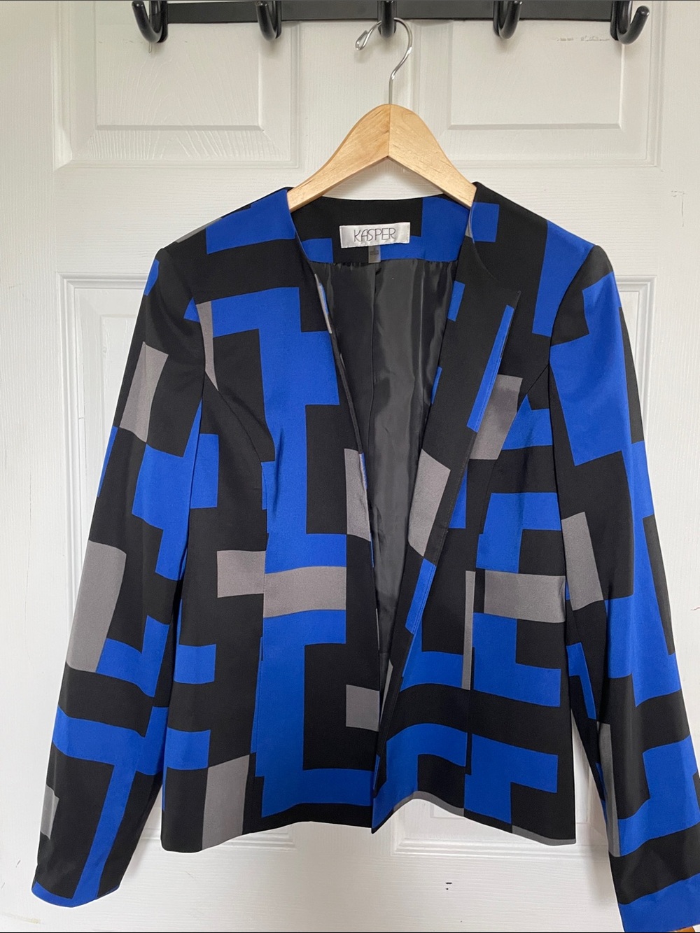 Kasper Royal Blue, Black & Gray Geometric Open-Front Blazer